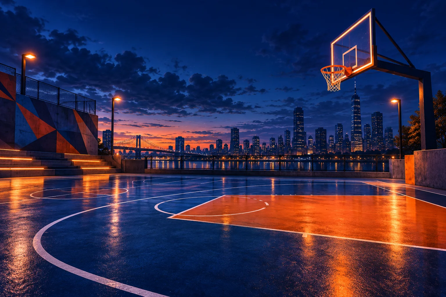 An illuminated basketball court at blue hour